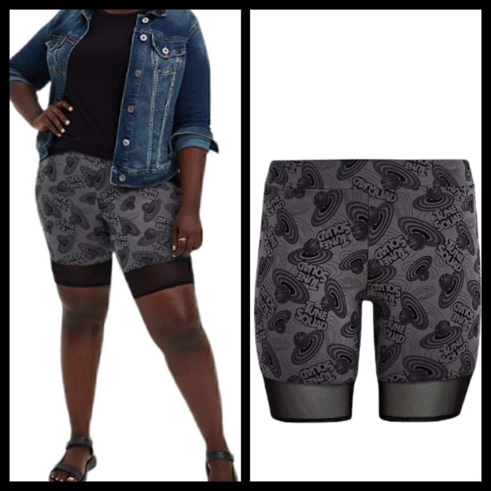 4X 26W Torrid Grey Space Jam 2 Mesh Panel Bike Short High Waist Activewear Black